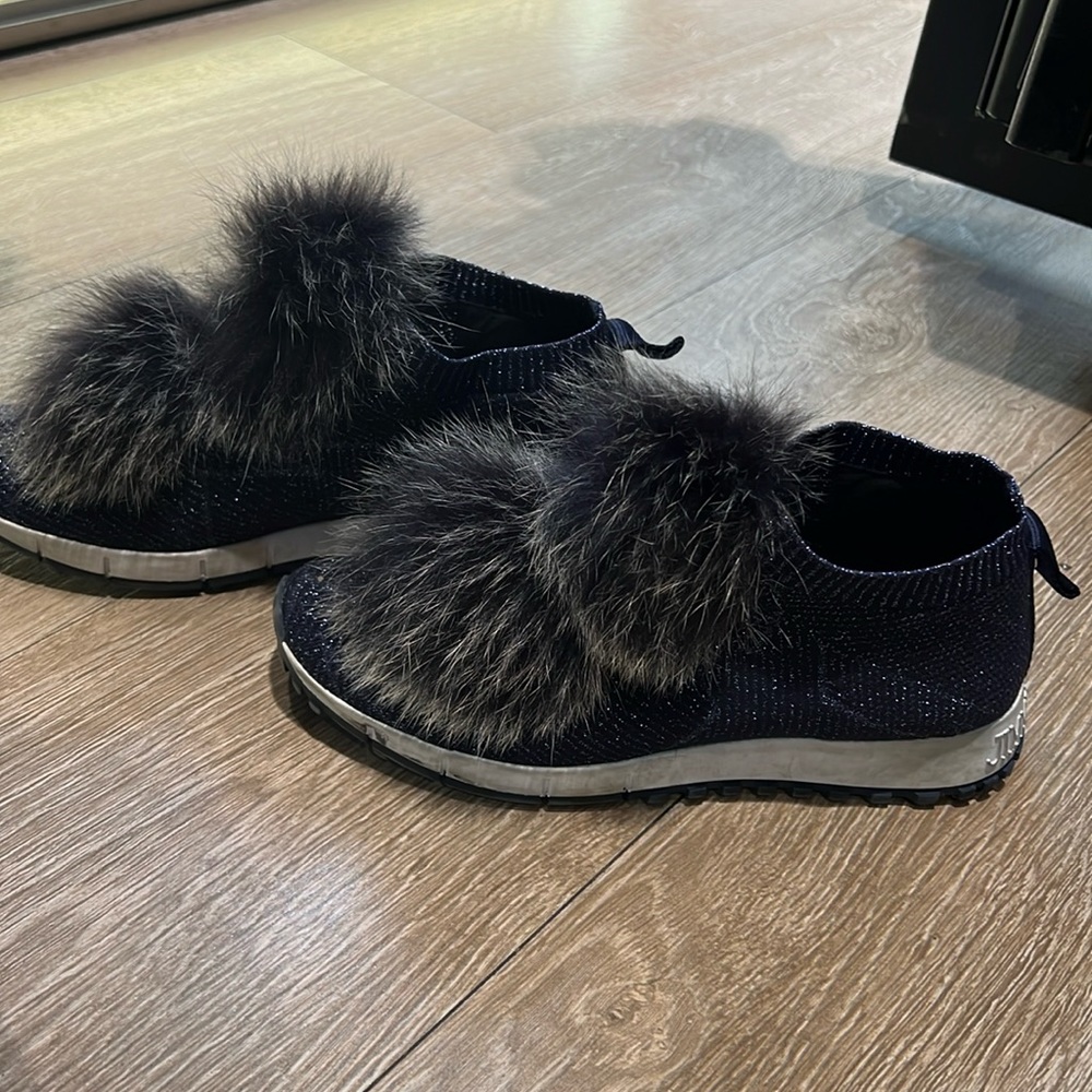 Jimmy Choo Norway Sneaker Blue/Gray Pom Pom Luxury Size EU 37.5/ US 7.5